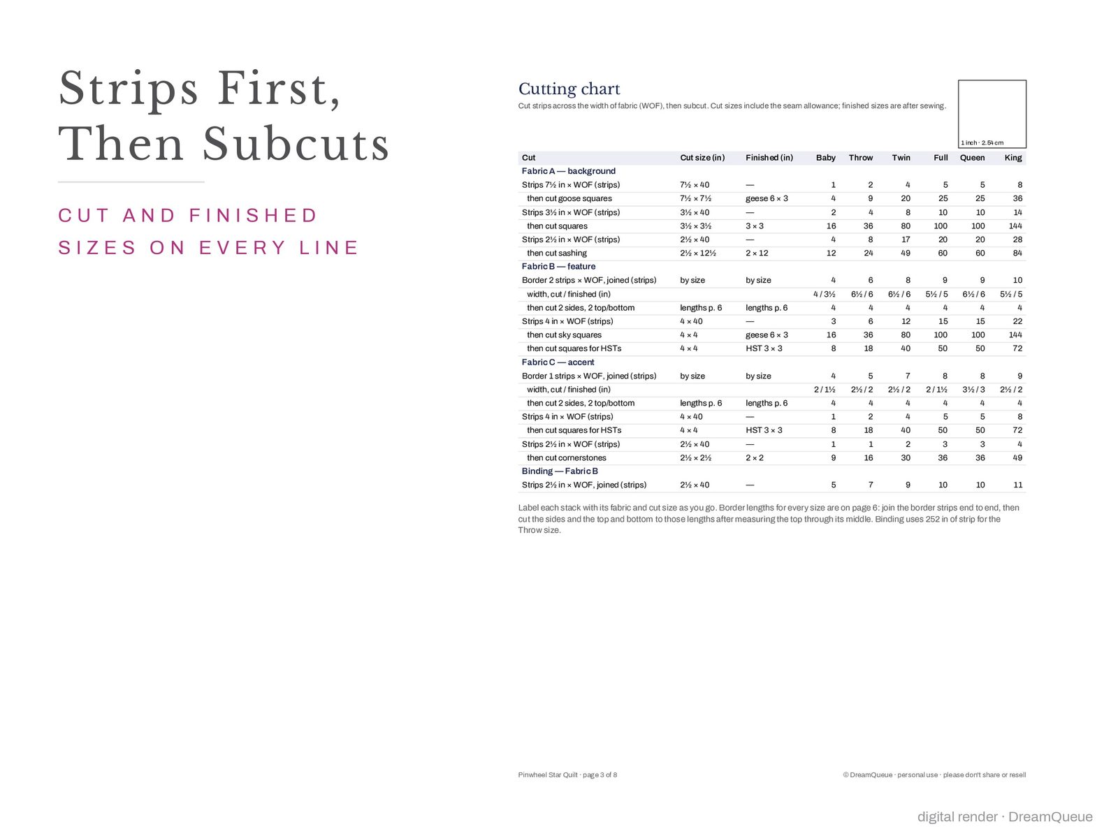 Cutting chart page of the Pinwheel Star quilt pattern: strips first, then subcuts, cut and finished sizes