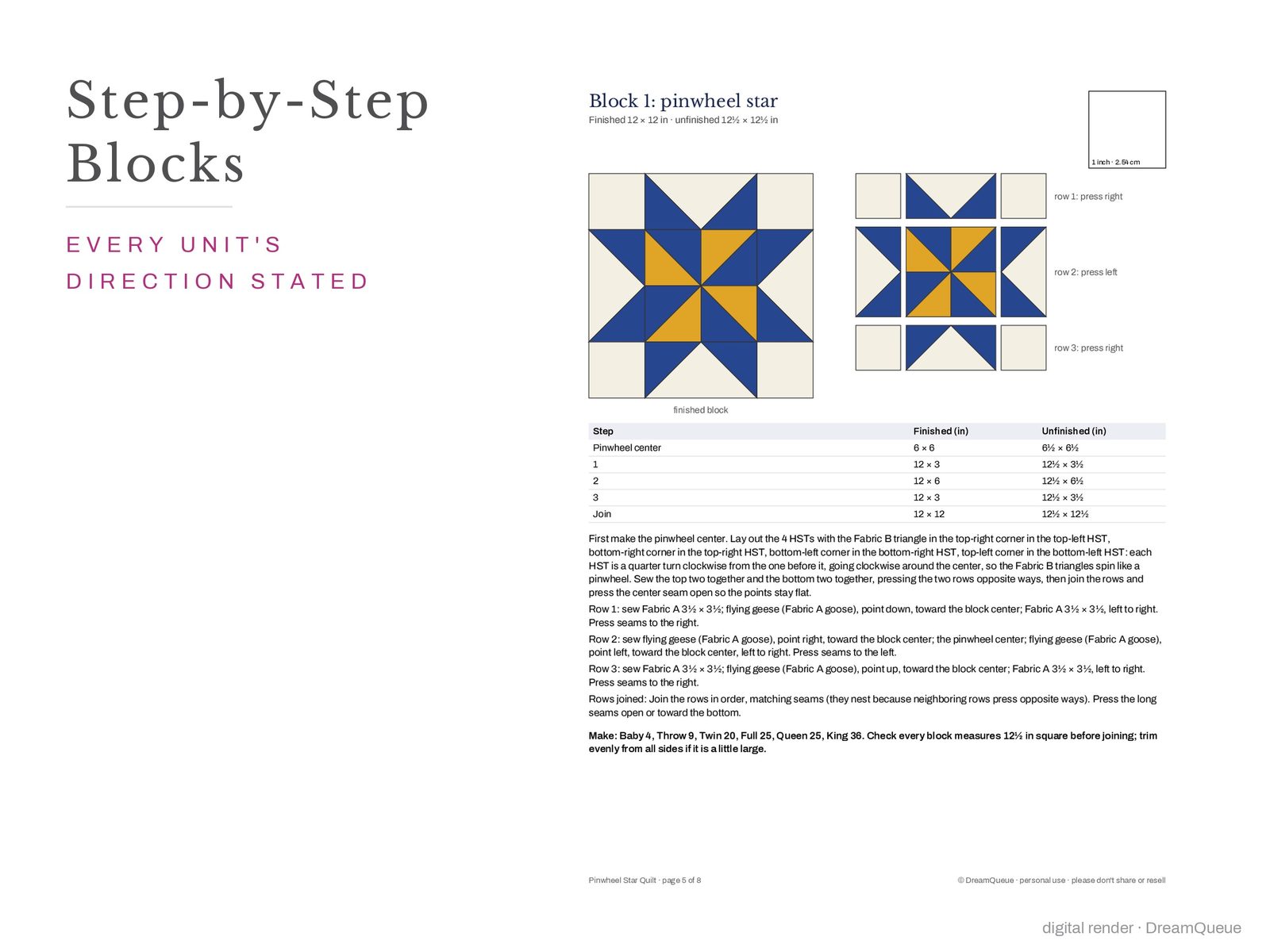 Block assembly page of the Pinwheel Star quilt pattern with every unit's orientation
