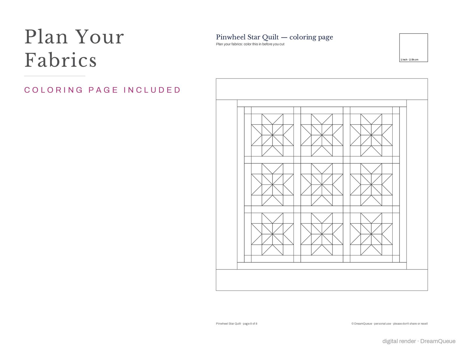 Coloring page of the Pinwheel Star quilt for planning fabrics