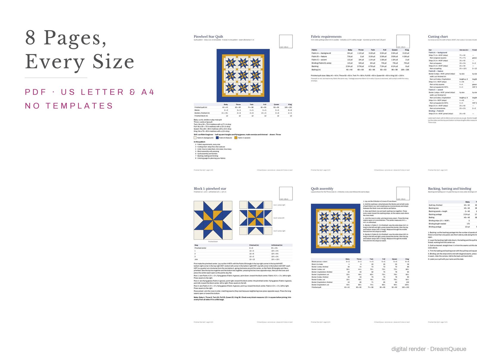 Thumbnails of every page of the Pinwheel Star quilt pattern, US Letter and A4