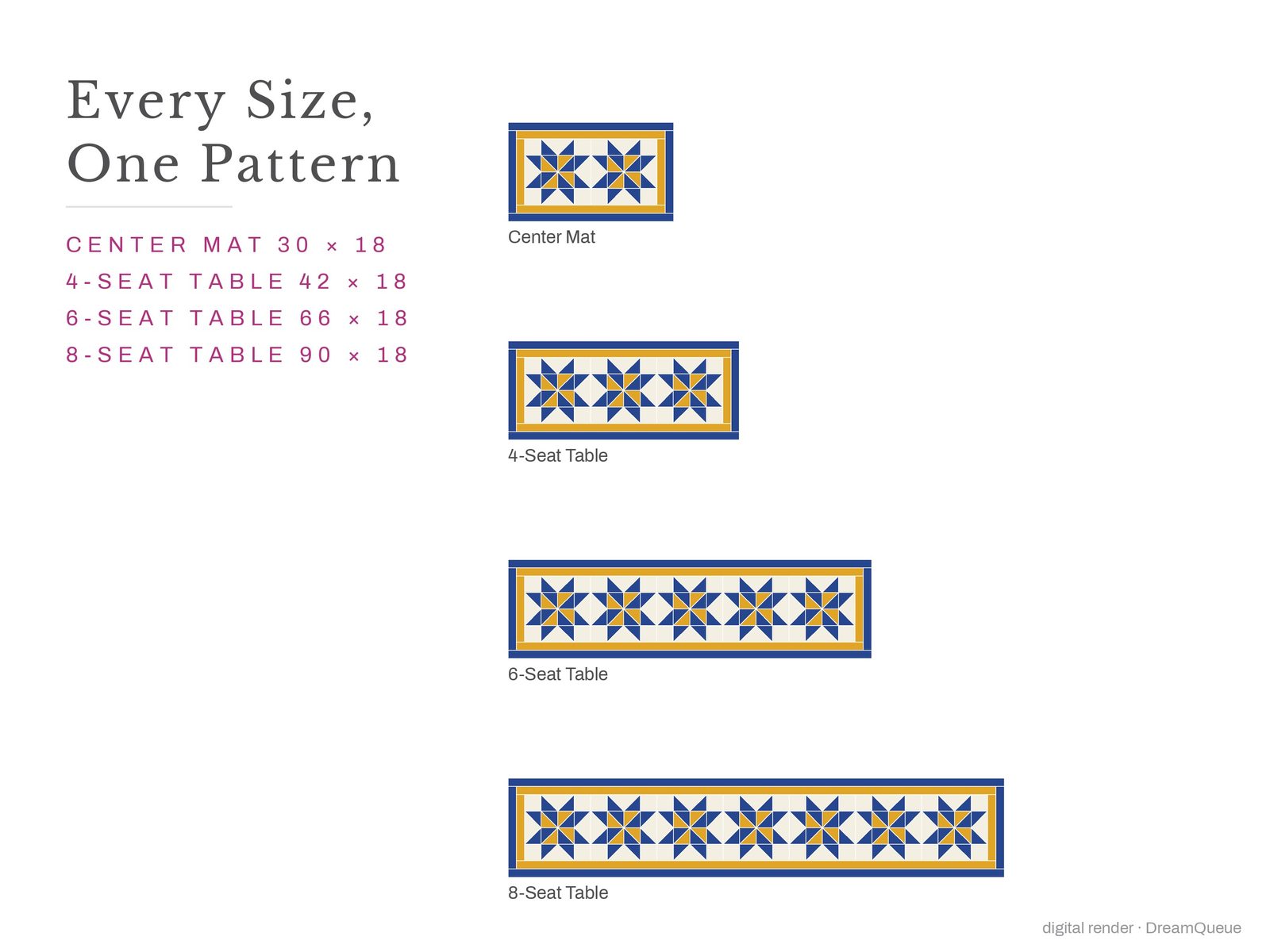 The Pinwheel Star table runner in every size, from a center mat to an 8-seat table, drawn to scale