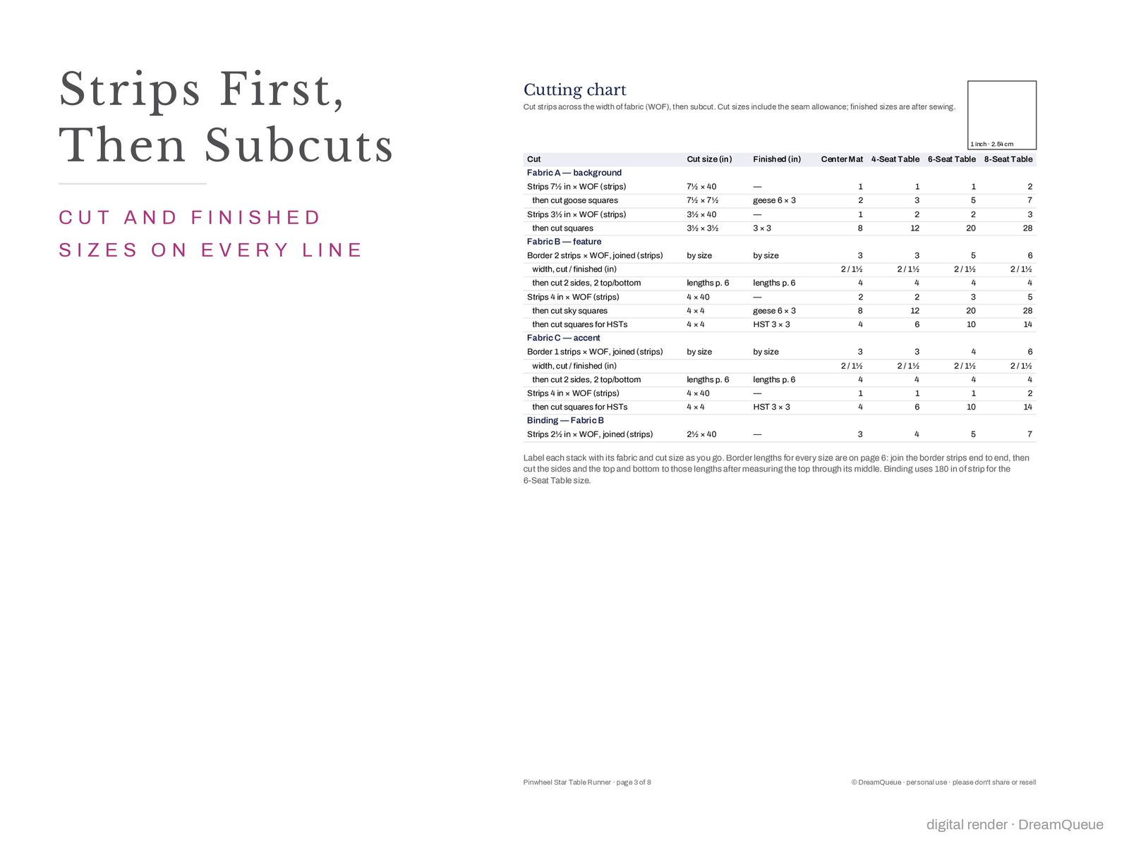 Cutting chart page of the Pinwheel Star table runner pattern: strips first, then subcuts