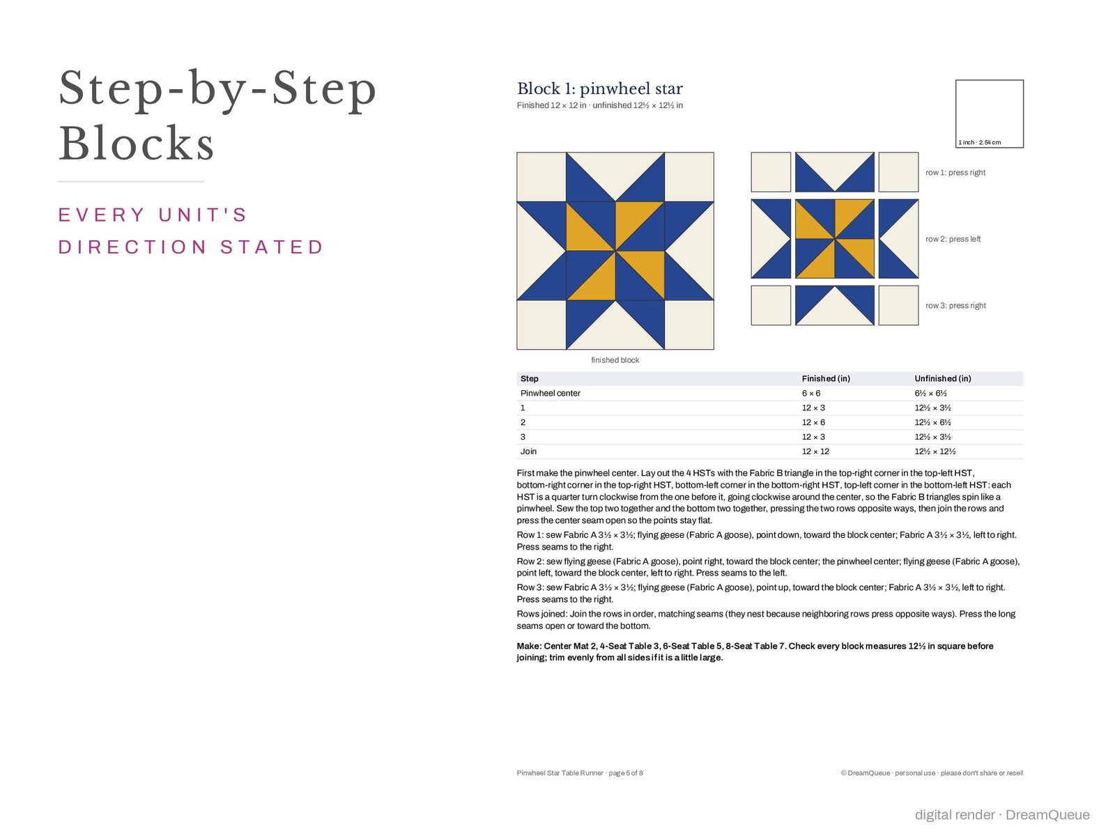Block assembly page of the Pinwheel Star table runner pattern with every unit's orientation