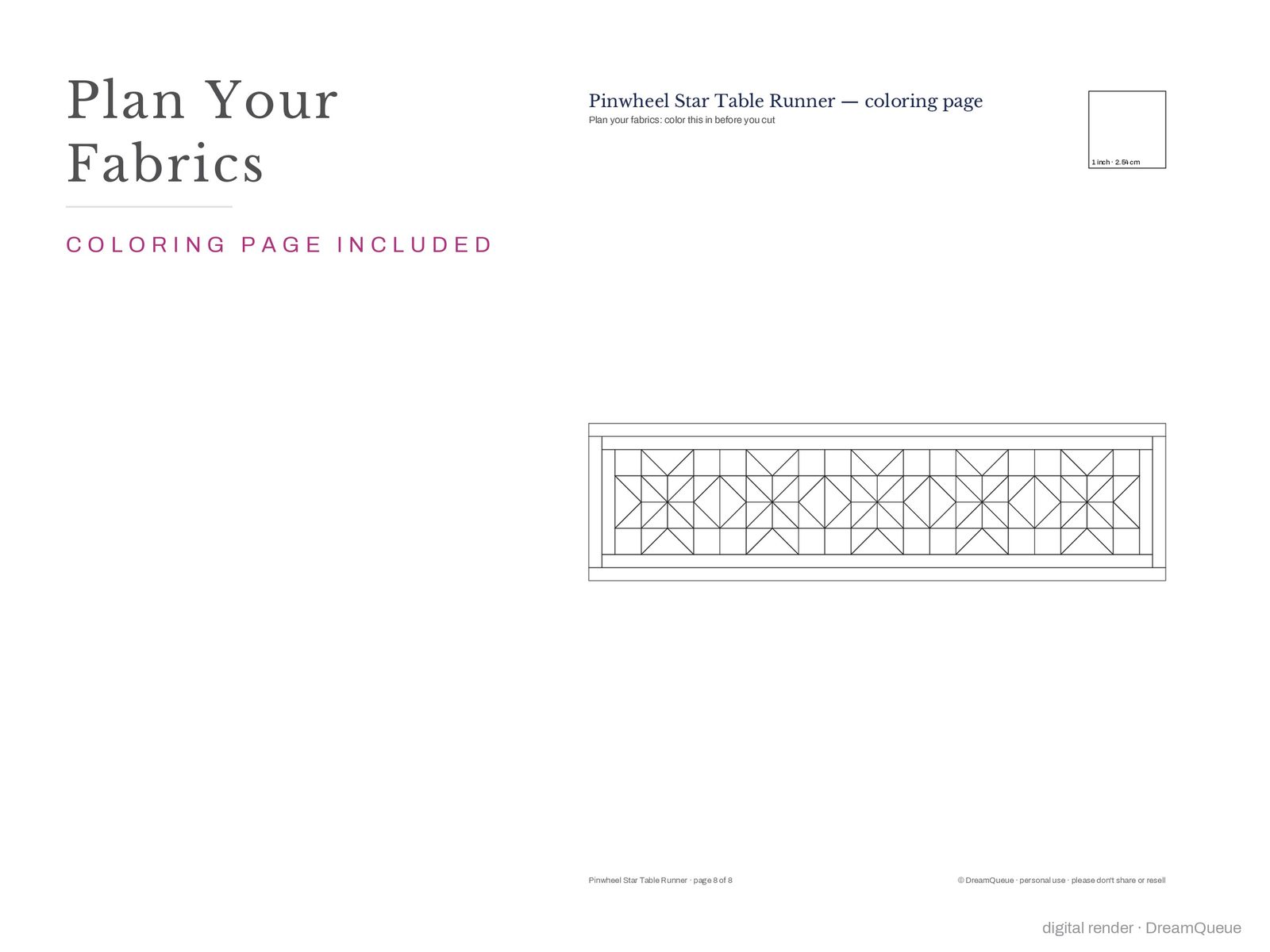 Coloring page of the Pinwheel Star table runner for planning fabrics