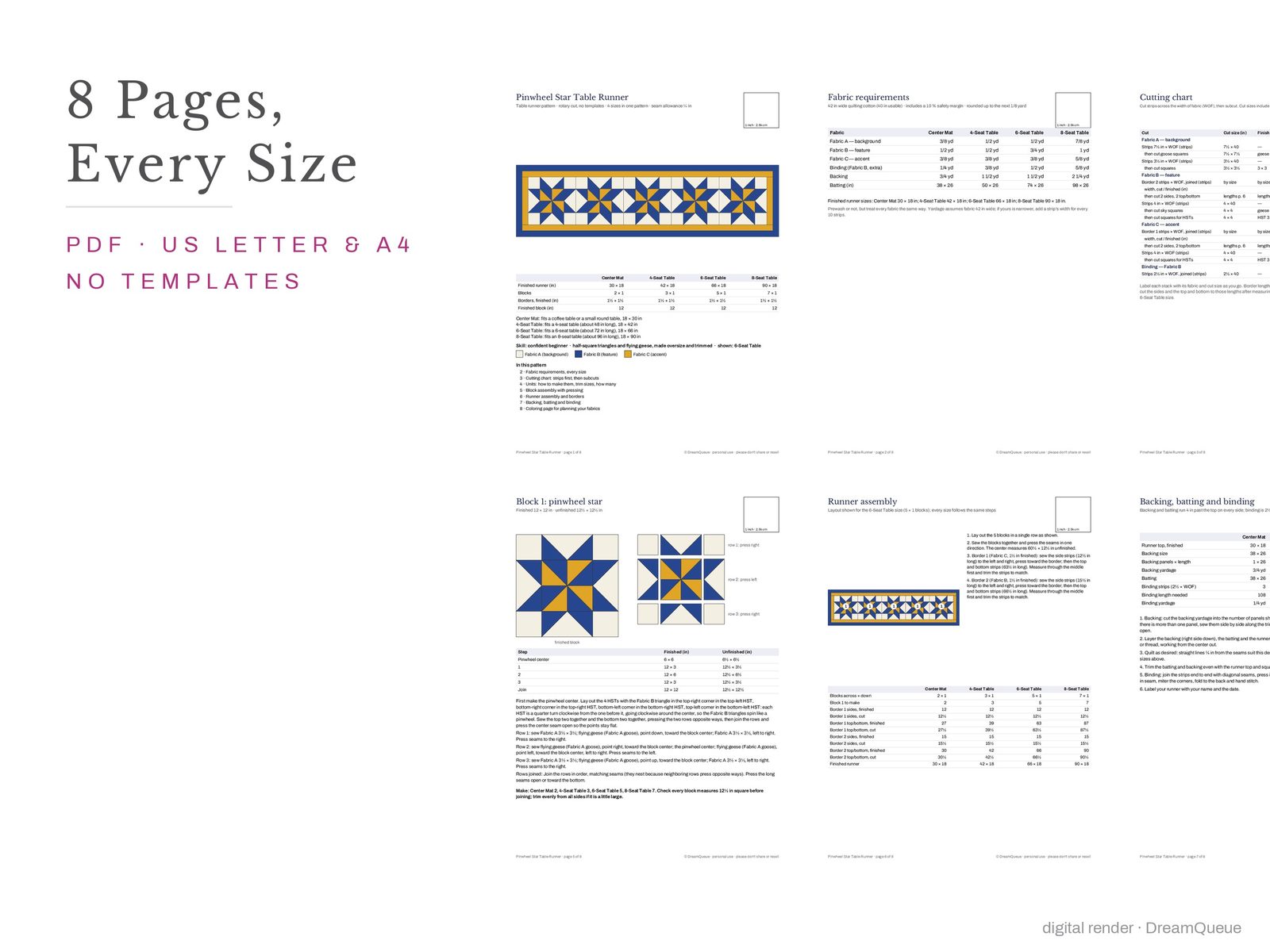 Thumbnails of every page of the Pinwheel Star table runner pattern, US Letter and A4