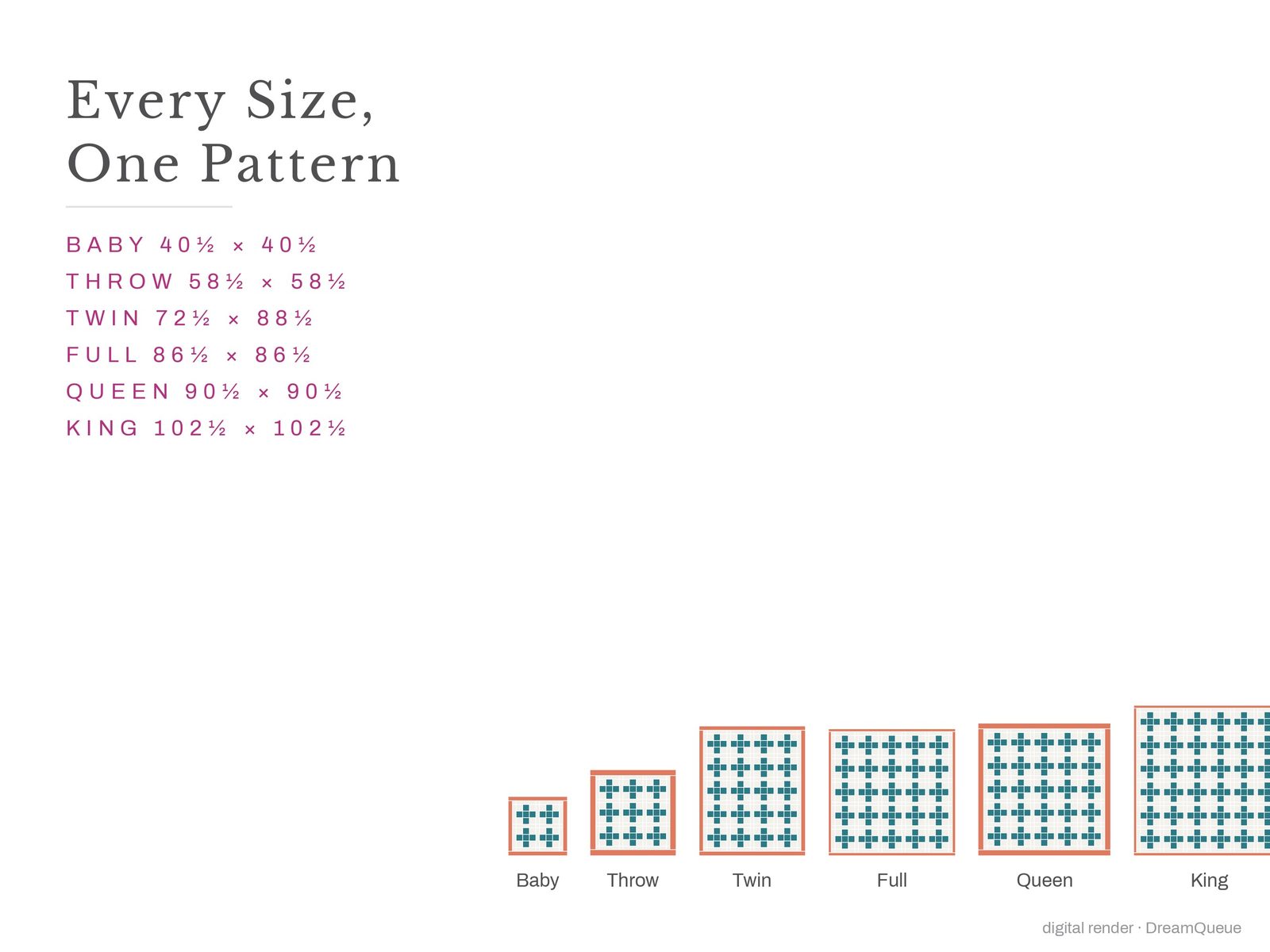 The Modern Plus quilt in every size, baby to king, drawn to scale