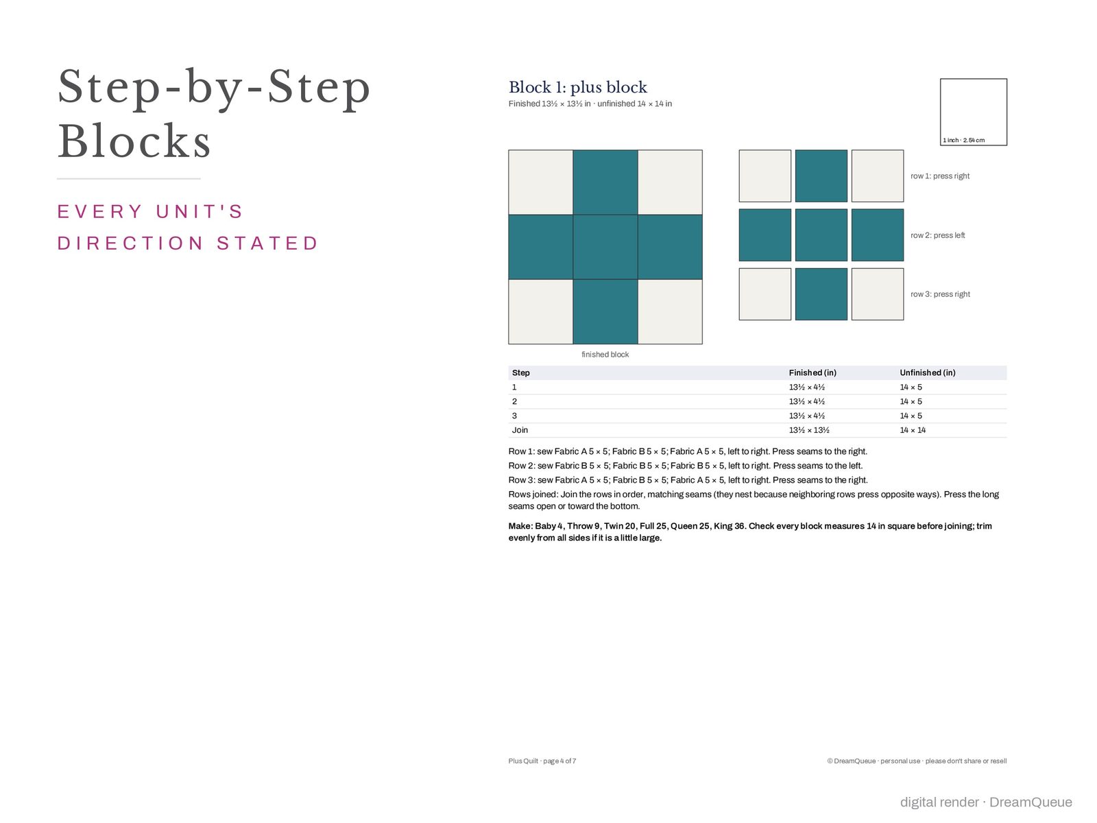 Block assembly page of the Modern Plus quilt pattern with every unit's orientation