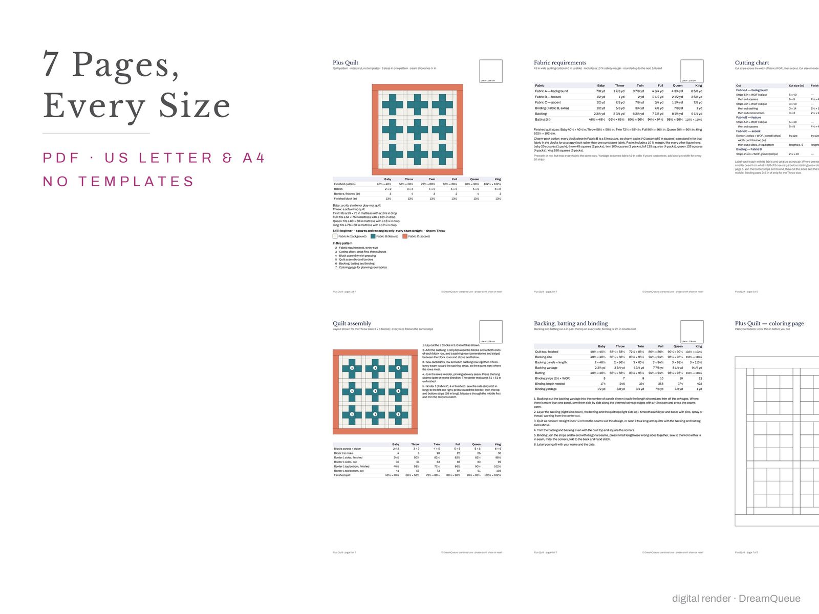 Thumbnails of every page of the Modern Plus quilt pattern, US Letter and A4