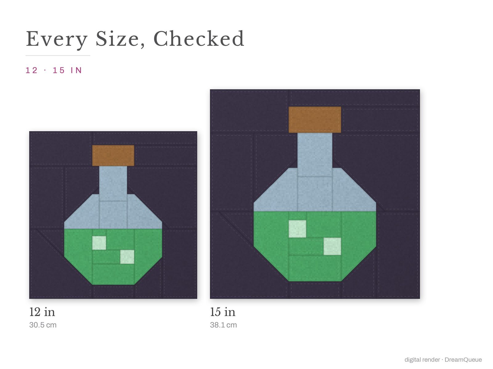 The Potion Flask quilt block at every finished size: 12 and 15 inch
