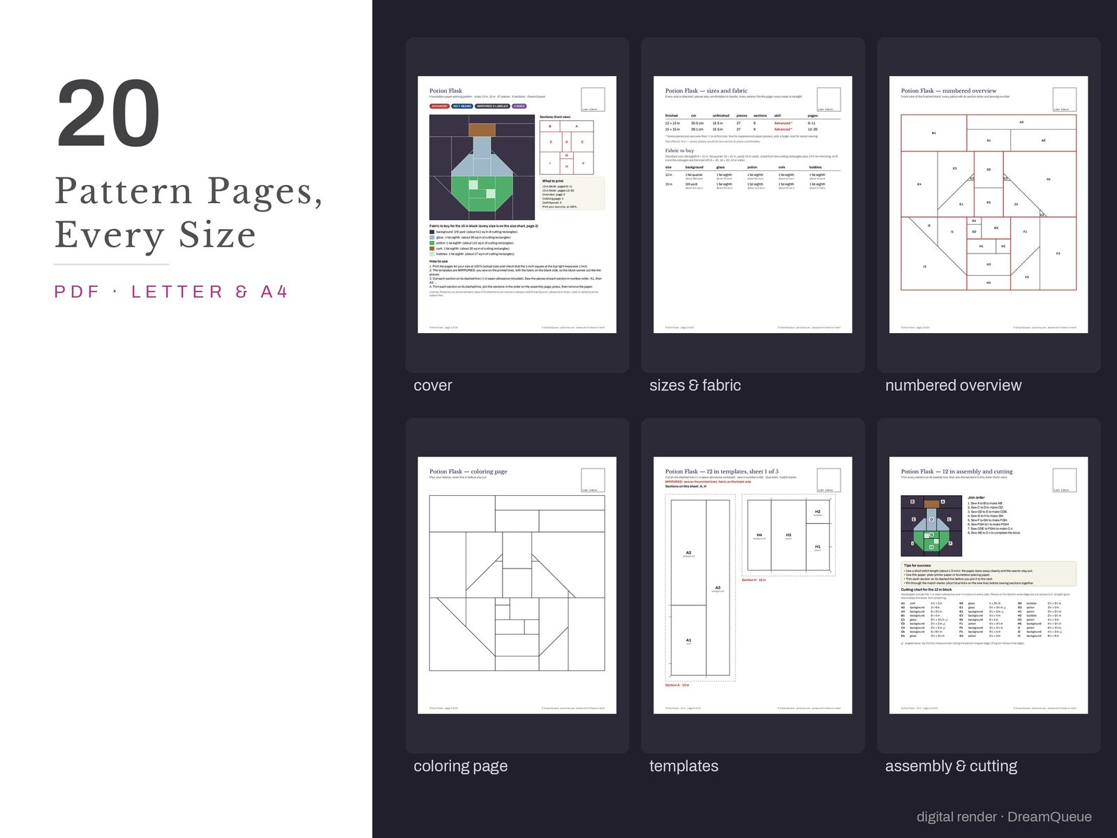 Thumbnails of the Potion Flask quilt block pattern pages: cover, size and fabric chart, numbered overview, coloring page, templates, assembly and cutting chart