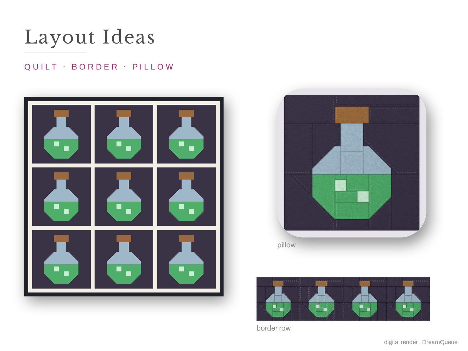 Layout ideas for the Potion Flask quilt block: a full quilt, a border row and a pillow