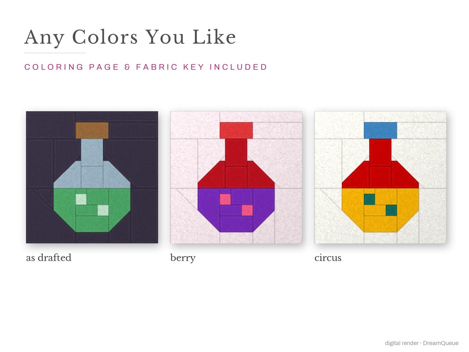 The Potion Flask quilt block in three colorways, as drafted, pastel and jewel tones; a coloring page and fabric key are included