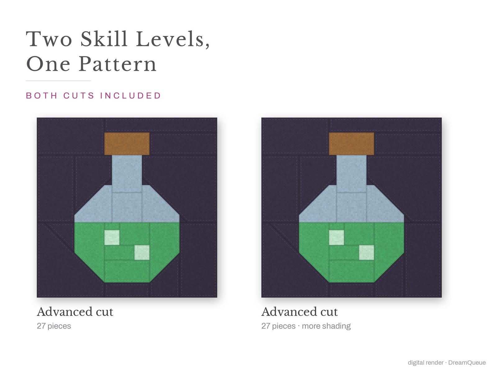 Potion Flask: Skill level advanced: no Y-seams, mirrored and labeled templates, every size checked, pieces numbered in sewing order, cutting chart and fabric to buy