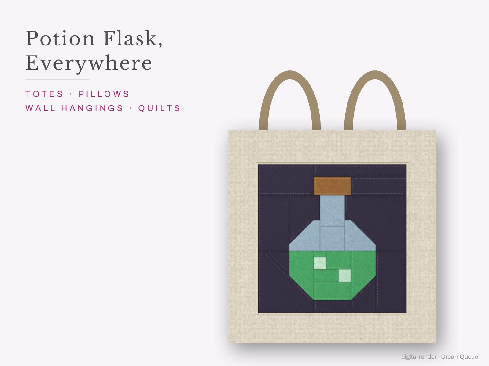 The Potion Flask quilt block sewn into a tote bag, one idea for totes, pillows, wall hangings and quilts