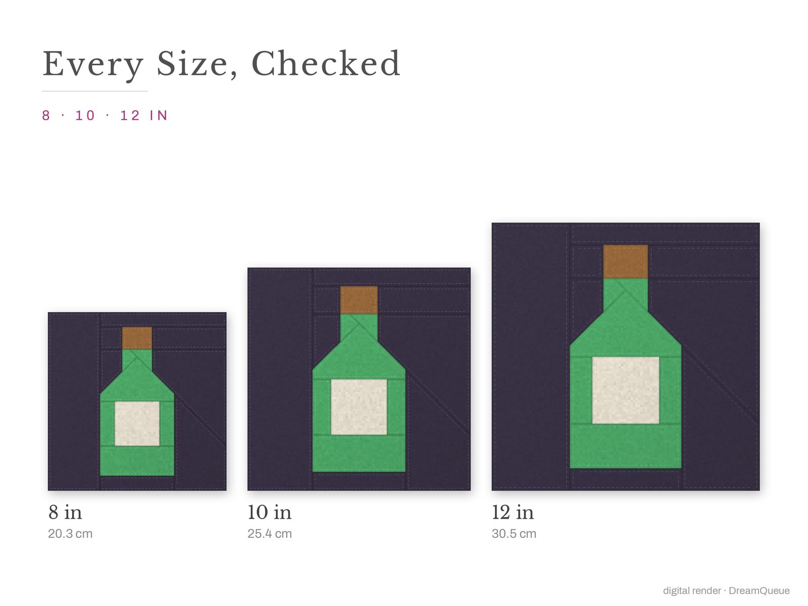 The Potion Bottle quilt block at every finished size: 8, 10 and 12 inch