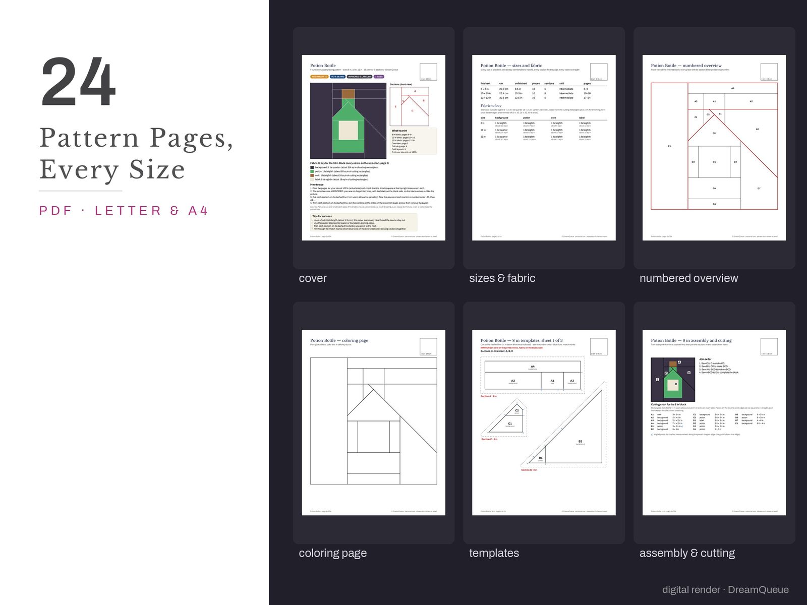 Thumbnails of the Potion Bottle quilt block pattern pages: cover, size and fabric chart, numbered overview, coloring page, templates, assembly and cutting chart