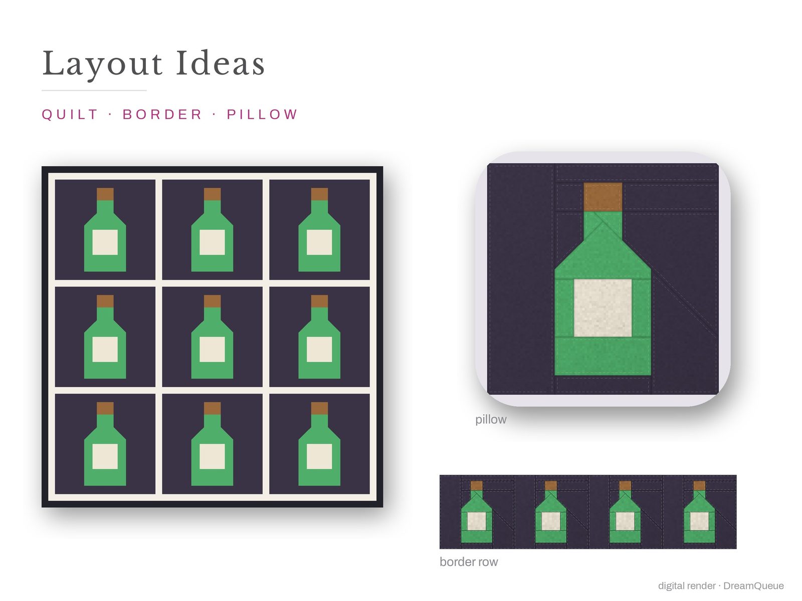 Layout ideas for the Potion Bottle quilt block: a full quilt, a border row and a pillow