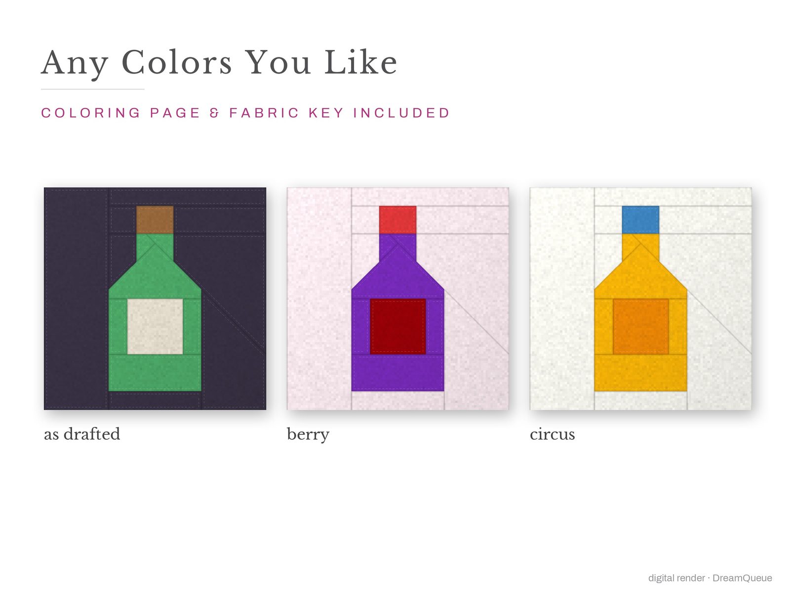 The Potion Bottle quilt block in three colorways, as drafted, pastel and jewel tones; a coloring page and fabric key are included