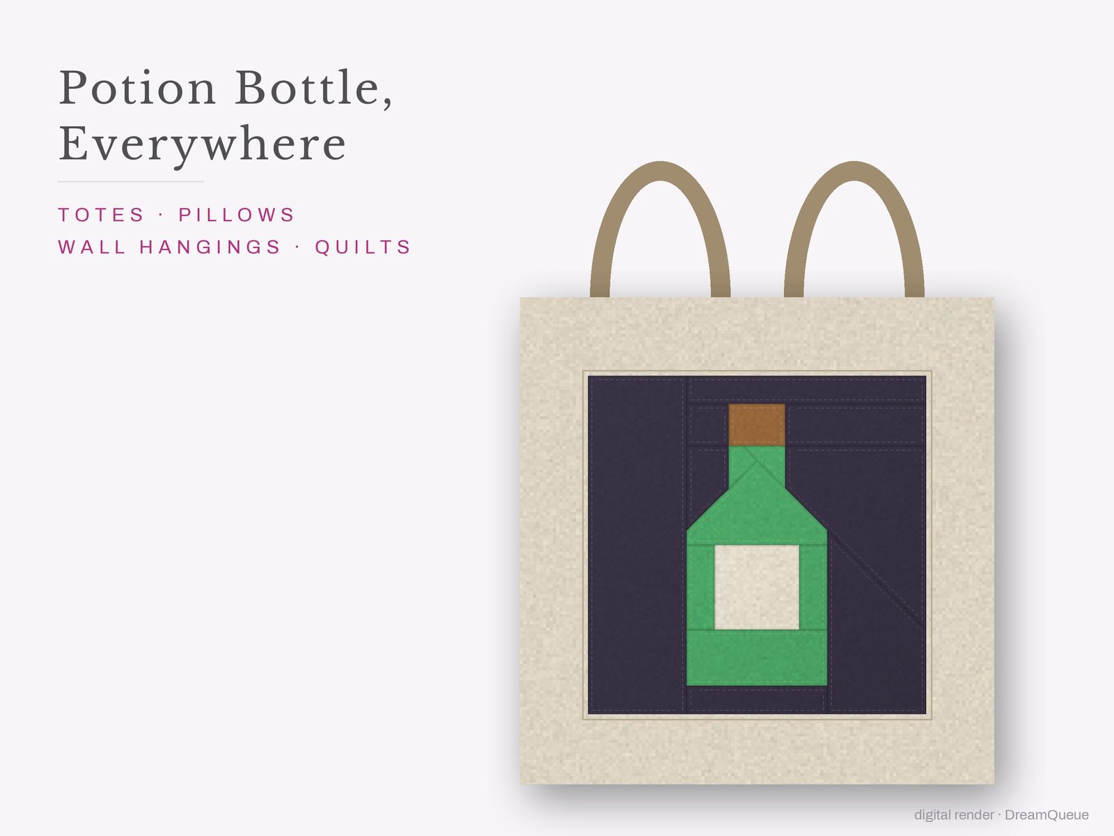 The Potion Bottle quilt block sewn into a tote bag, one idea for totes, pillows, wall hangings and quilts
