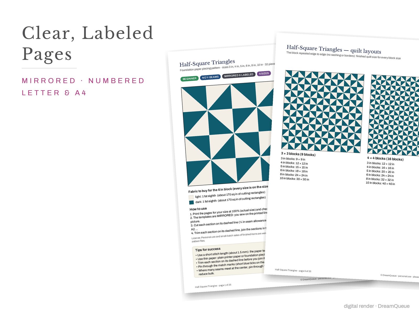 Cover page and a mirrored, numbered template sheet from the Precision Units bundle of 4 quilt blocks FPP pattern