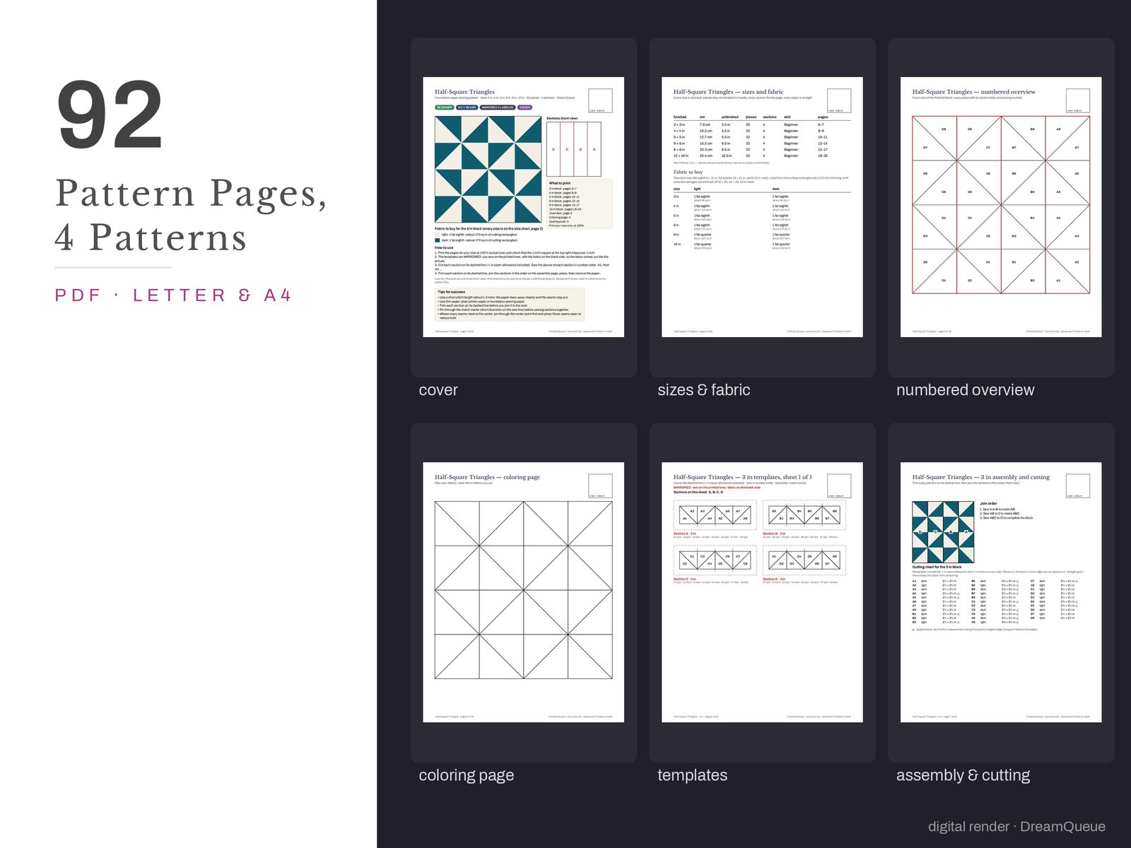 Thumbnails of the Precision Units bundle of 4 quilt blocks pattern pages: cover, size and fabric chart, numbered overview, coloring page, templates, assembly and cutting chart