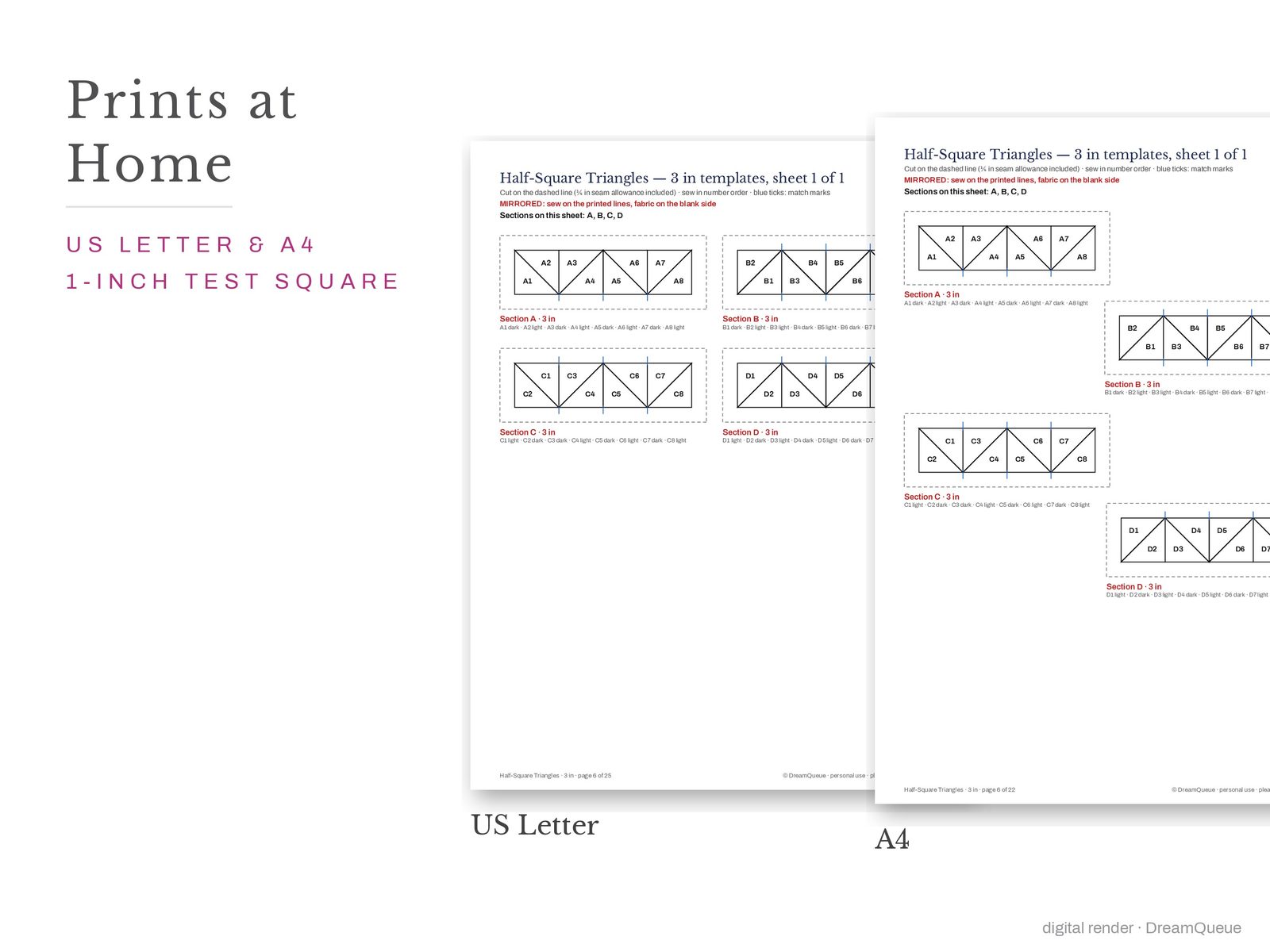 Precision units bundle of 4 quilt blocks templates printed on US Letter and A4 paper with a 1-inch test square to check the print scale