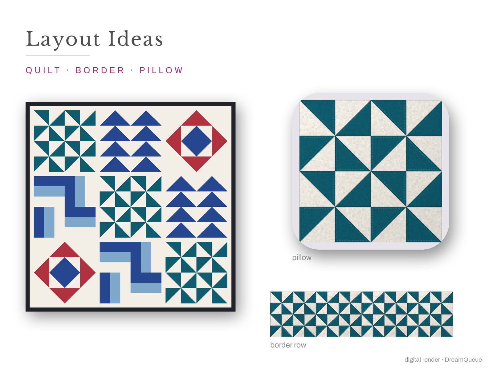 Layout ideas for the Precision Units bundle of 4 quilt blocks: a full quilt, a border row and a pillow