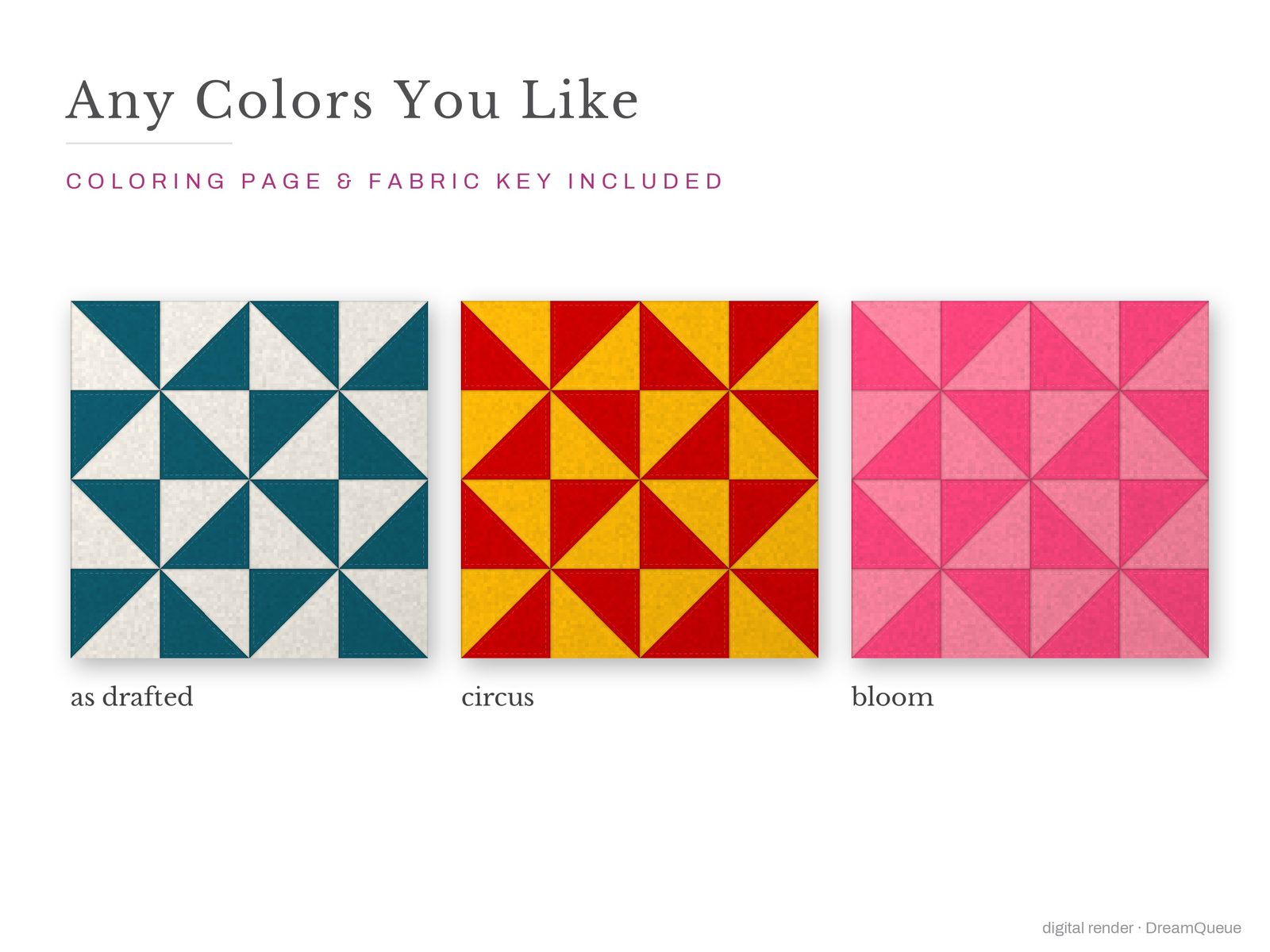 The Precision Units bundle of 4 quilt blocks in three colorways, as drafted, pastel and jewel tones; a coloring page and fabric key are included
