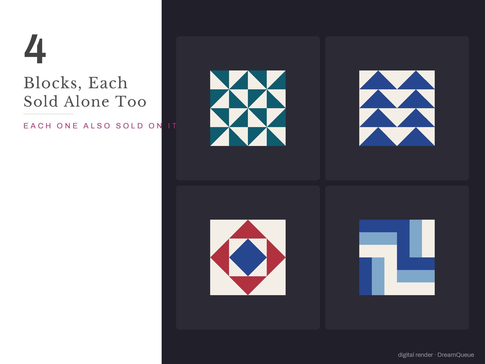All 4 blocks in the Precision Units bundle: Half-Square Triangles, Flying Geese, Economy (Square in a Square), Rail Fence; each is also sold on its own