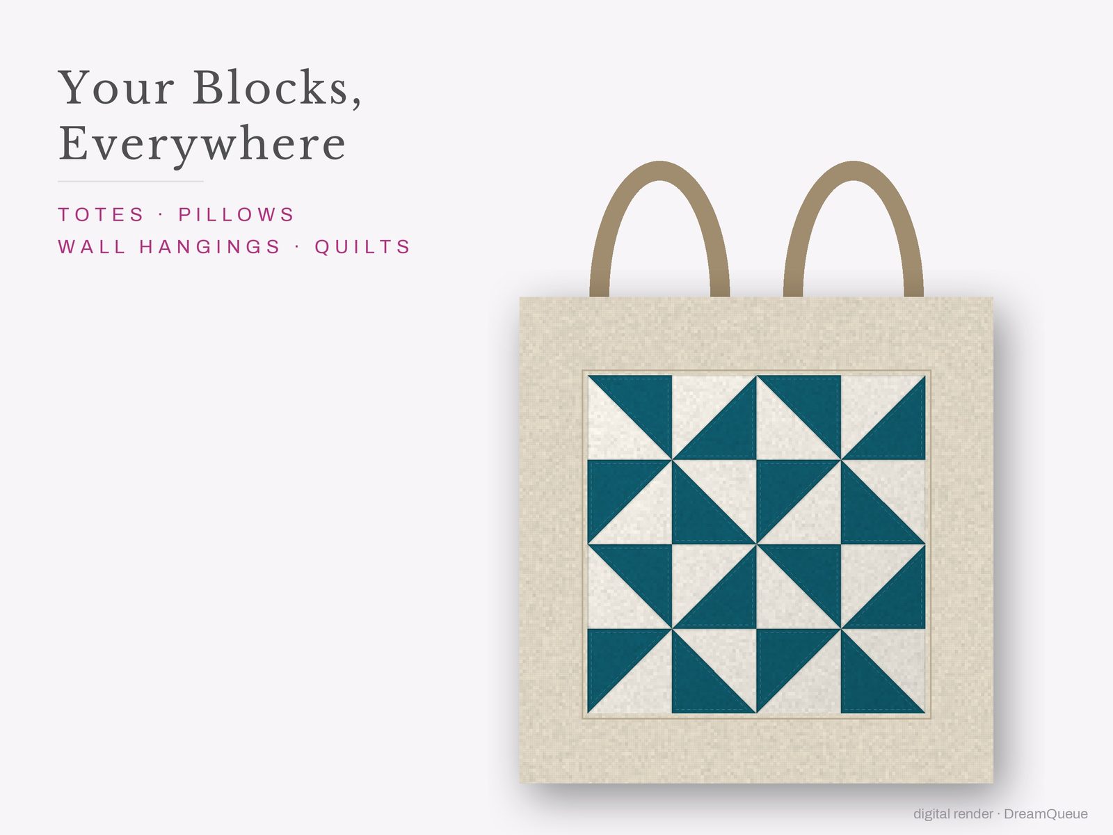 The Precision Units bundle of 4 quilt blocks sewn into a tote bag, one idea for totes, pillows, wall hangings and quilts