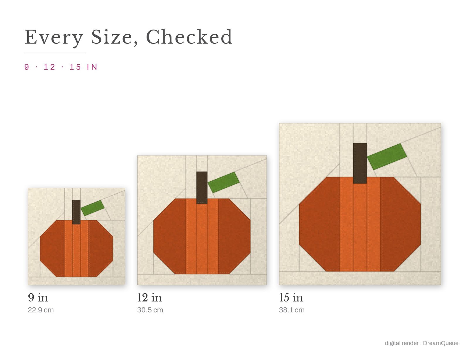 The Pumpkin quilt block at every finished size: 9, 12 and 15 inch