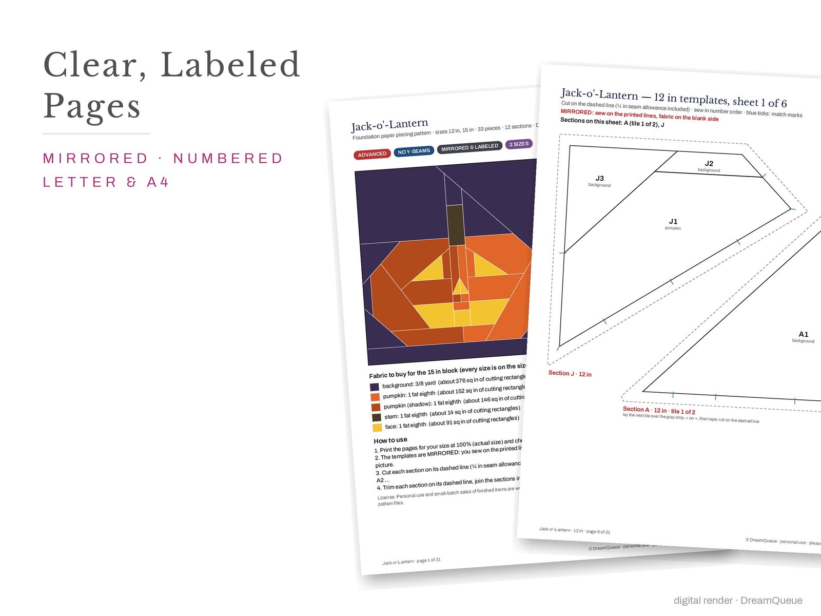 Cover page and a mirrored, numbered template sheet from the Jack-o'-Lantern quilt block FPP pattern