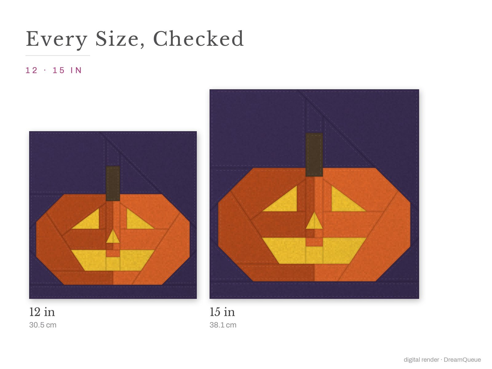 The Jack-o'-Lantern quilt block at every finished size: 12 and 15 inch