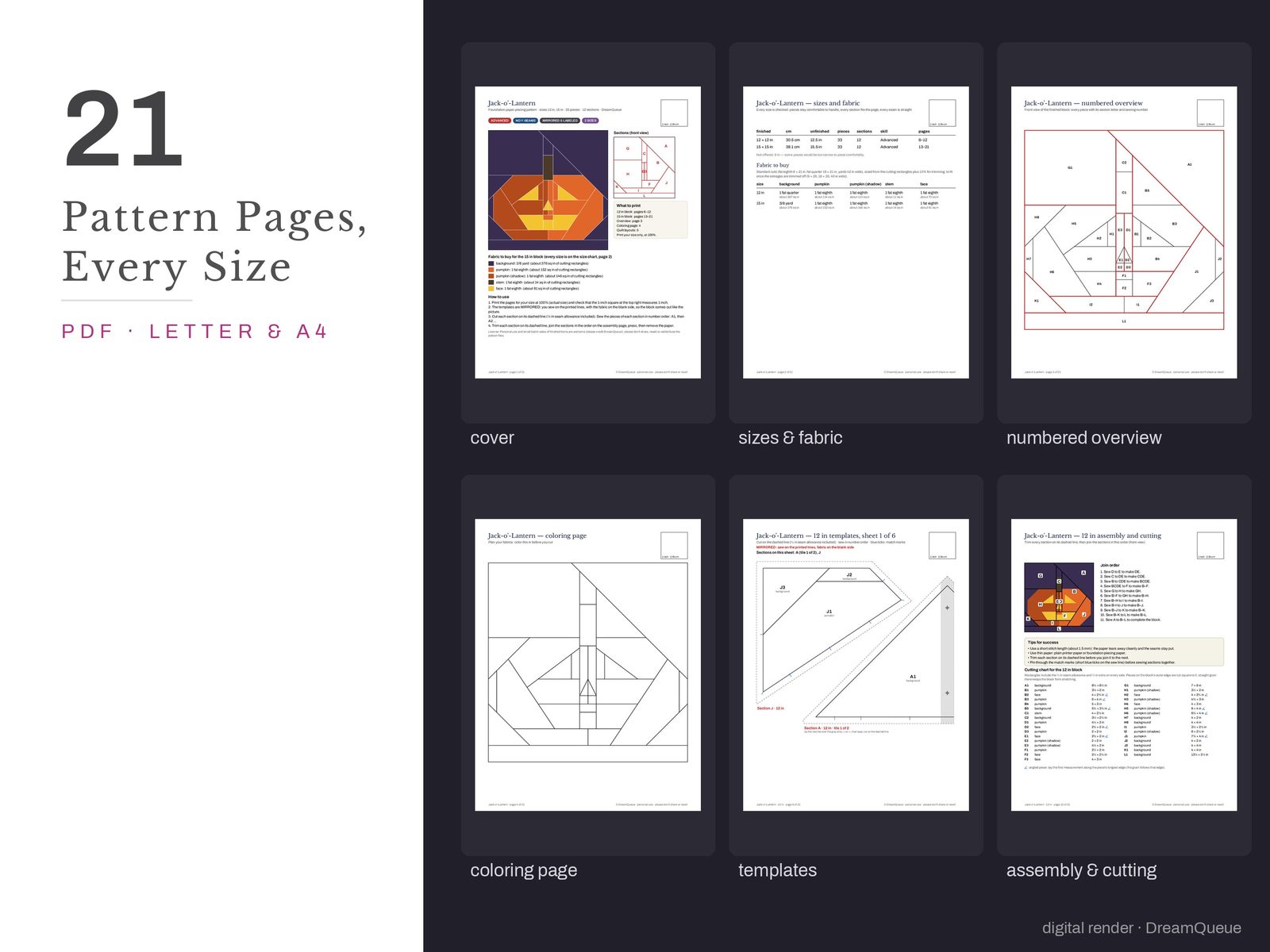 Thumbnails of the Jack-o'-Lantern quilt block pattern pages: cover, size and fabric chart, numbered overview, coloring page, templates, assembly and cutting chart