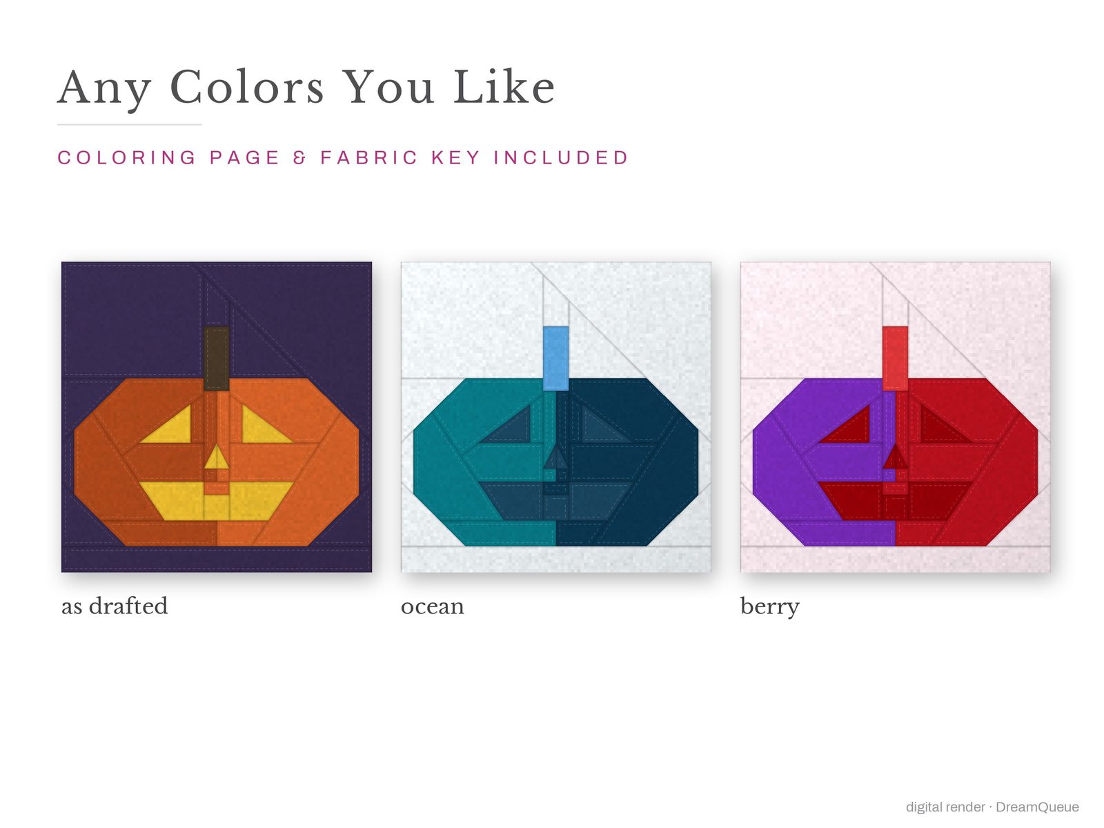 The Jack-o'-Lantern quilt block in three colorways, as drafted, pastel and jewel tones; a coloring page and fabric key are included