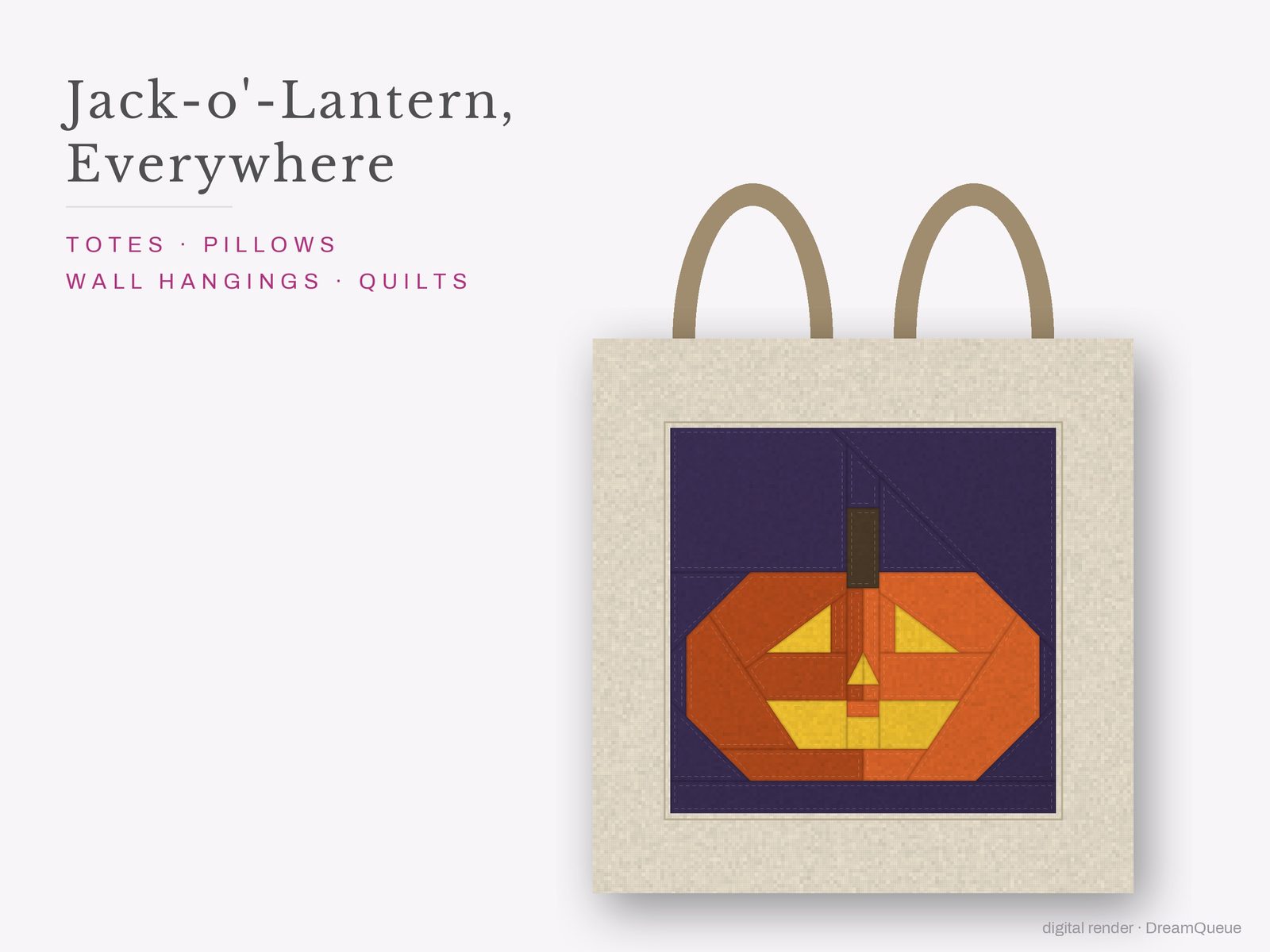 The Jack-o'-Lantern quilt block sewn into a tote bag, one idea for totes, pillows, wall hangings and quilts