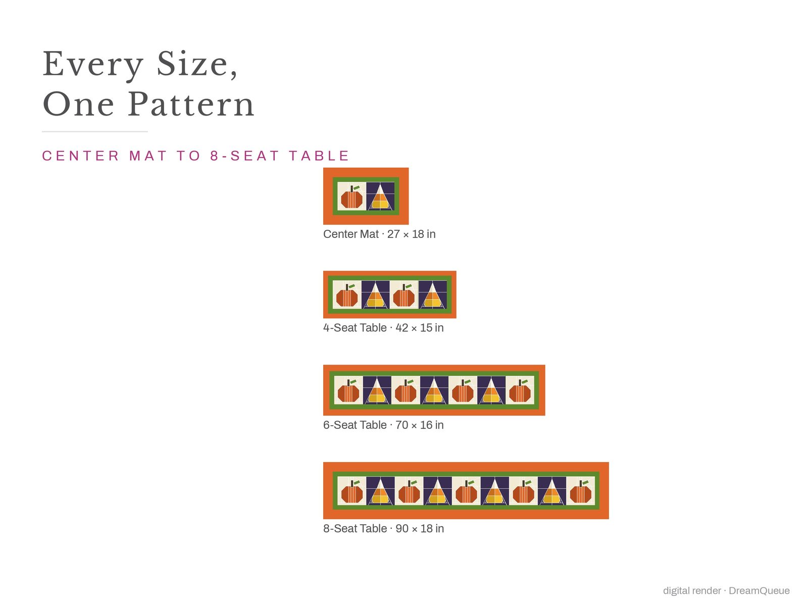 The Pumpkin quilt block at every finished size: 9, 10, 12 and 15 inch