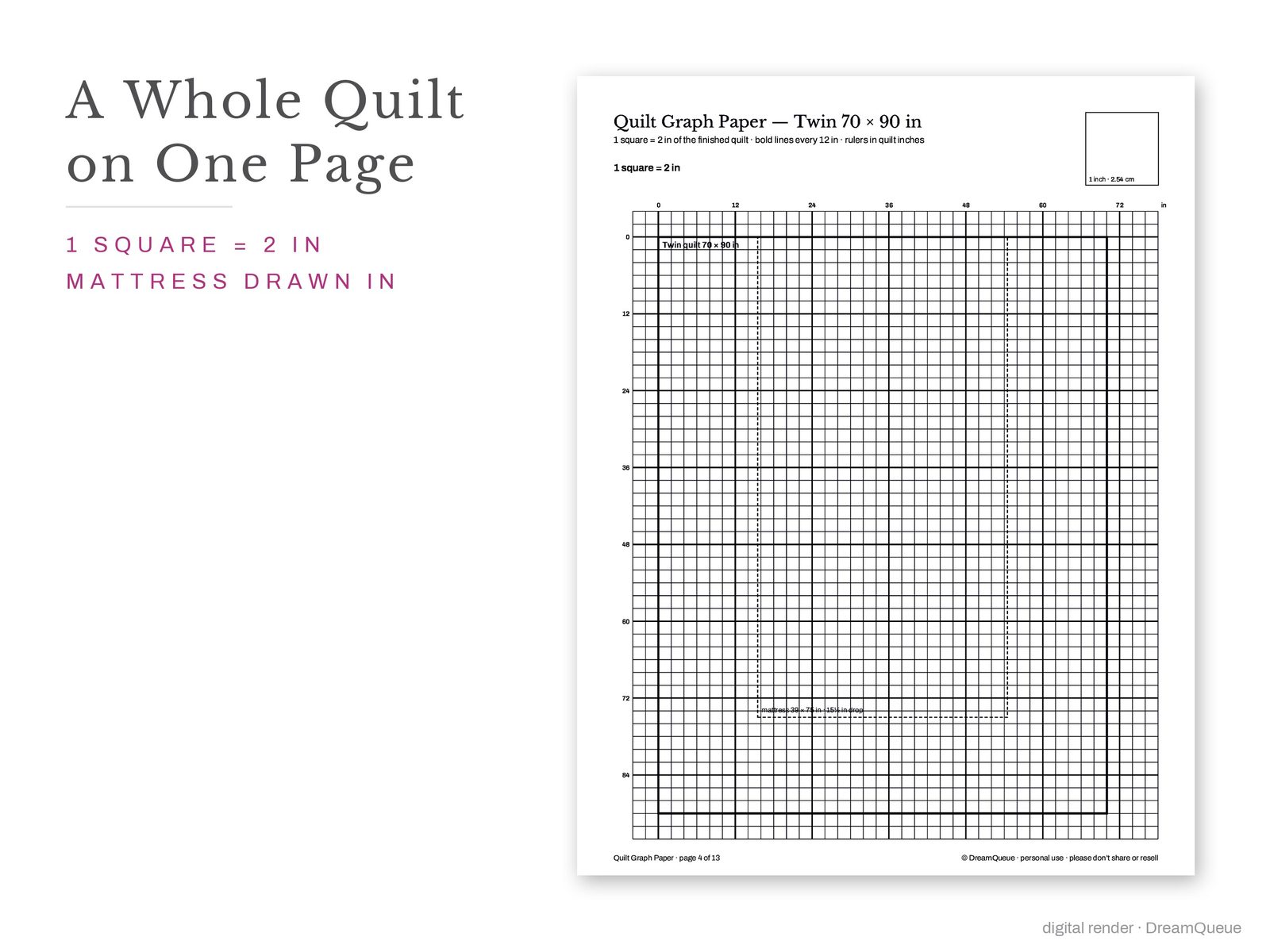 Twin quilt drawn on a 1 square = 2 inch grid with the mattress