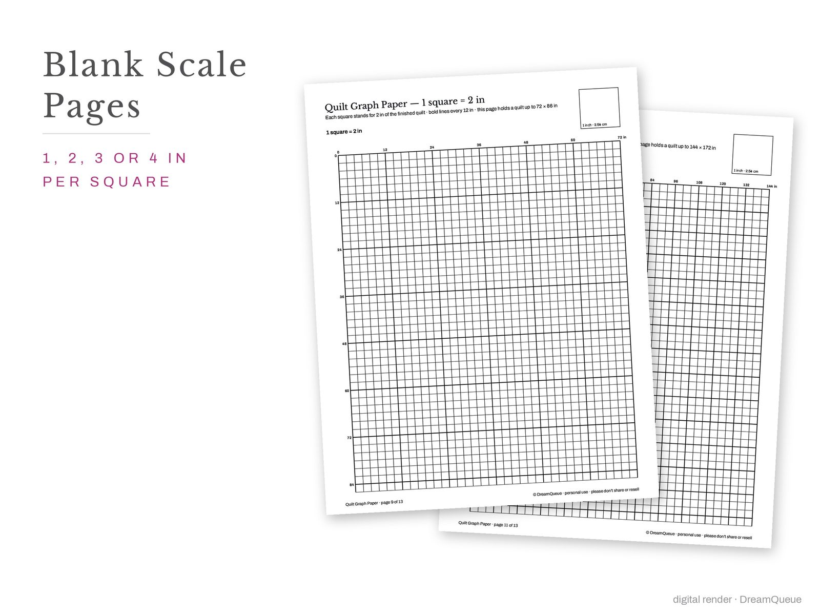 Quilt Graph Paper: Blank scale grid pages at 1 to 4 inches per square