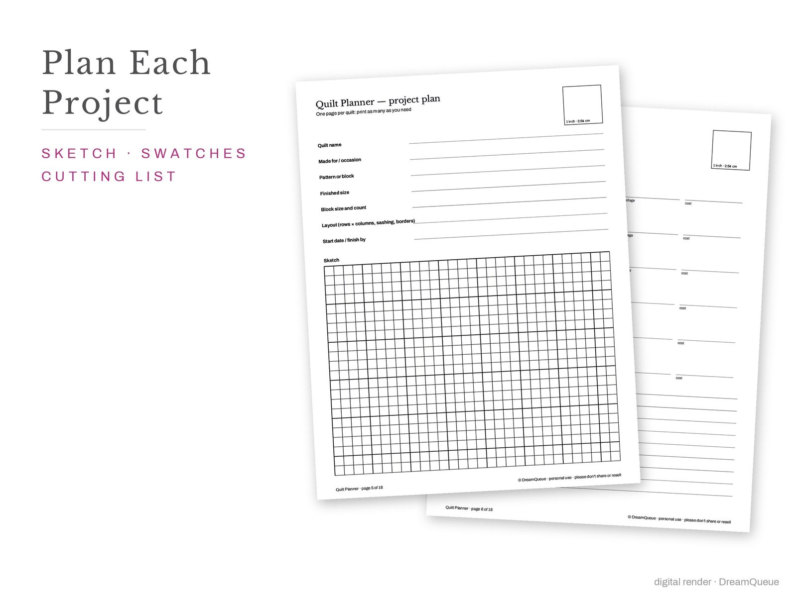 Quilt Planner: Project plan and fabric swatch pages