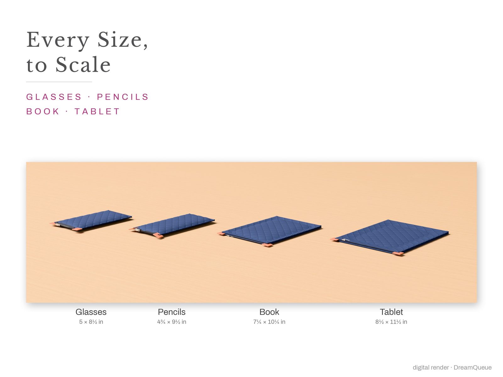 Quilted Book and Tablet Sleeve in every size, side by side to scale