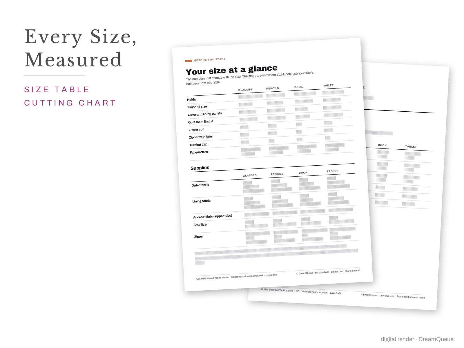 Quilted Book and Tablet Sleeve pattern pages: size table, supplies and cutting chart
