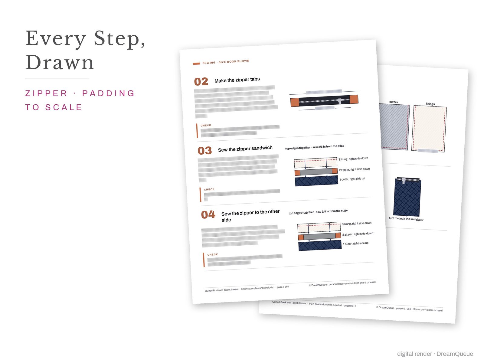 Quilted Book and Tablet Sleeve construction diagrams, step by step