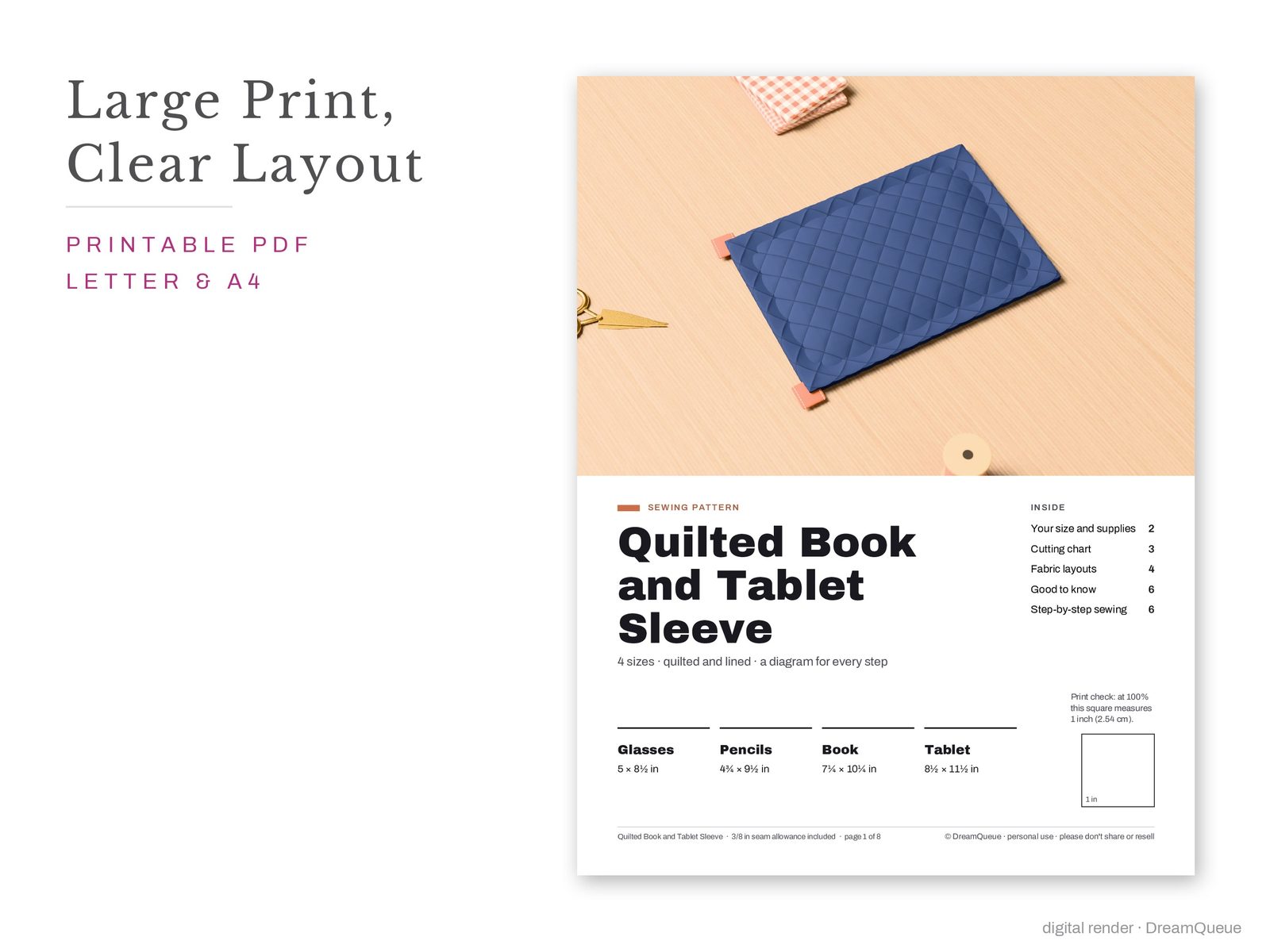 Quilted Book and Tablet Sleeve pattern cover page: large print, clear layout