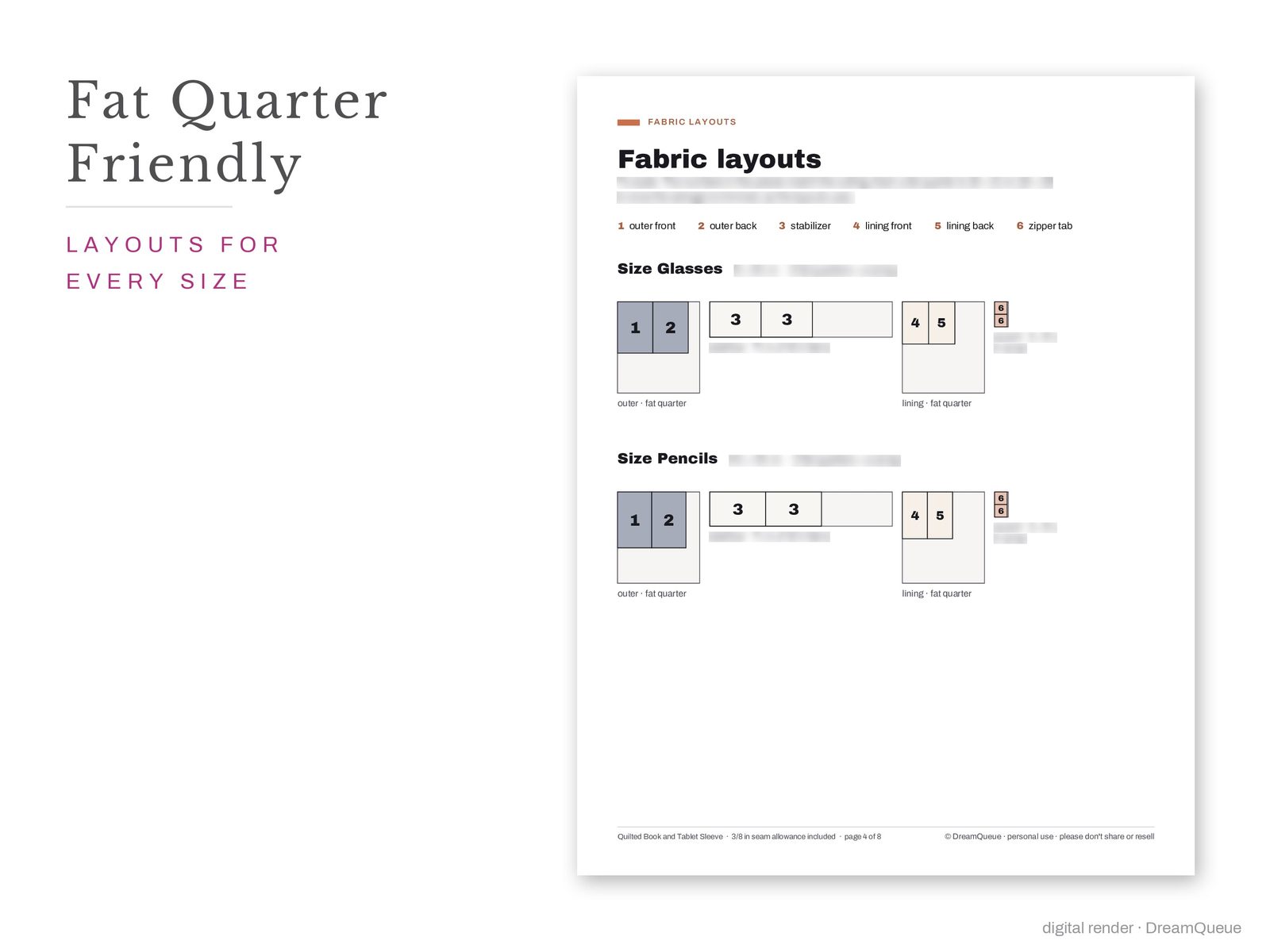 Quilted Book and Tablet Sleeve fabric layouts for every size