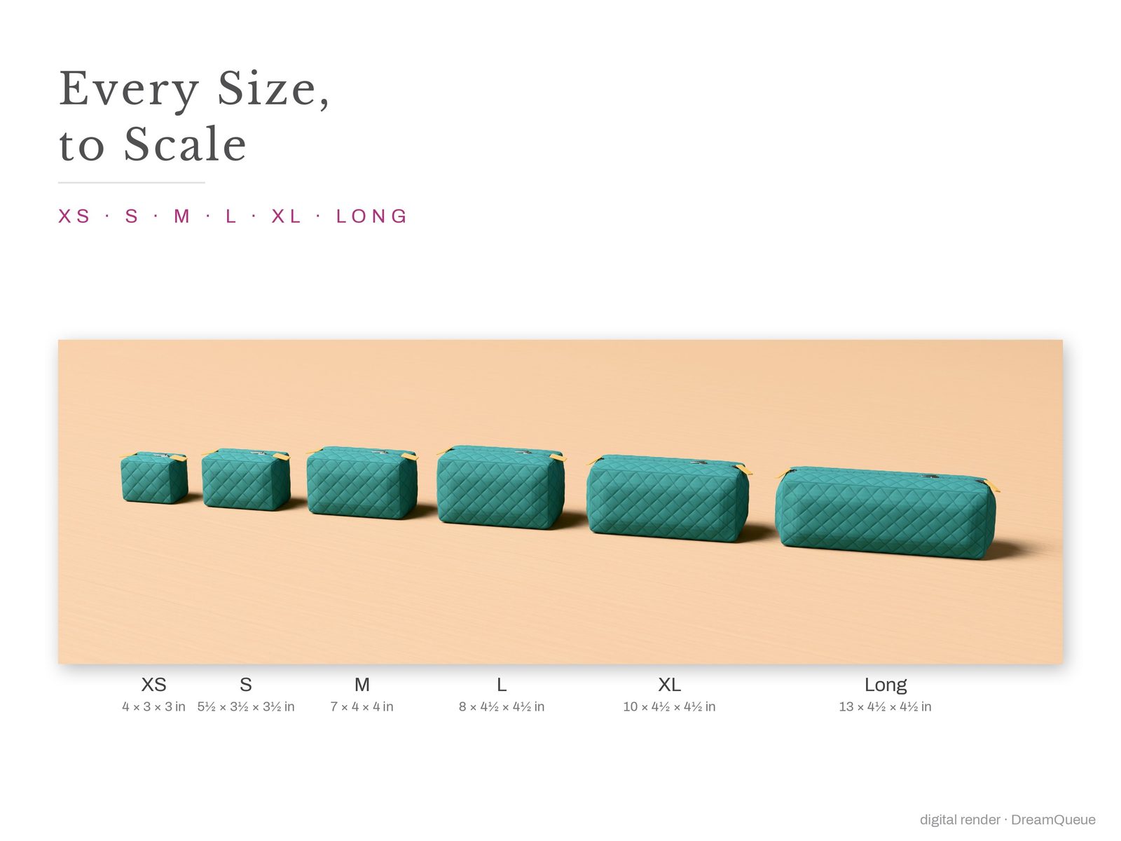 Quilted Boxy Pouch in every size, side by side to scale