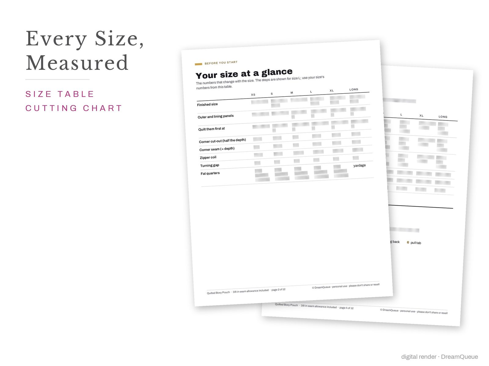 Quilted Boxy Pouch pattern pages: size table, supplies and cutting chart