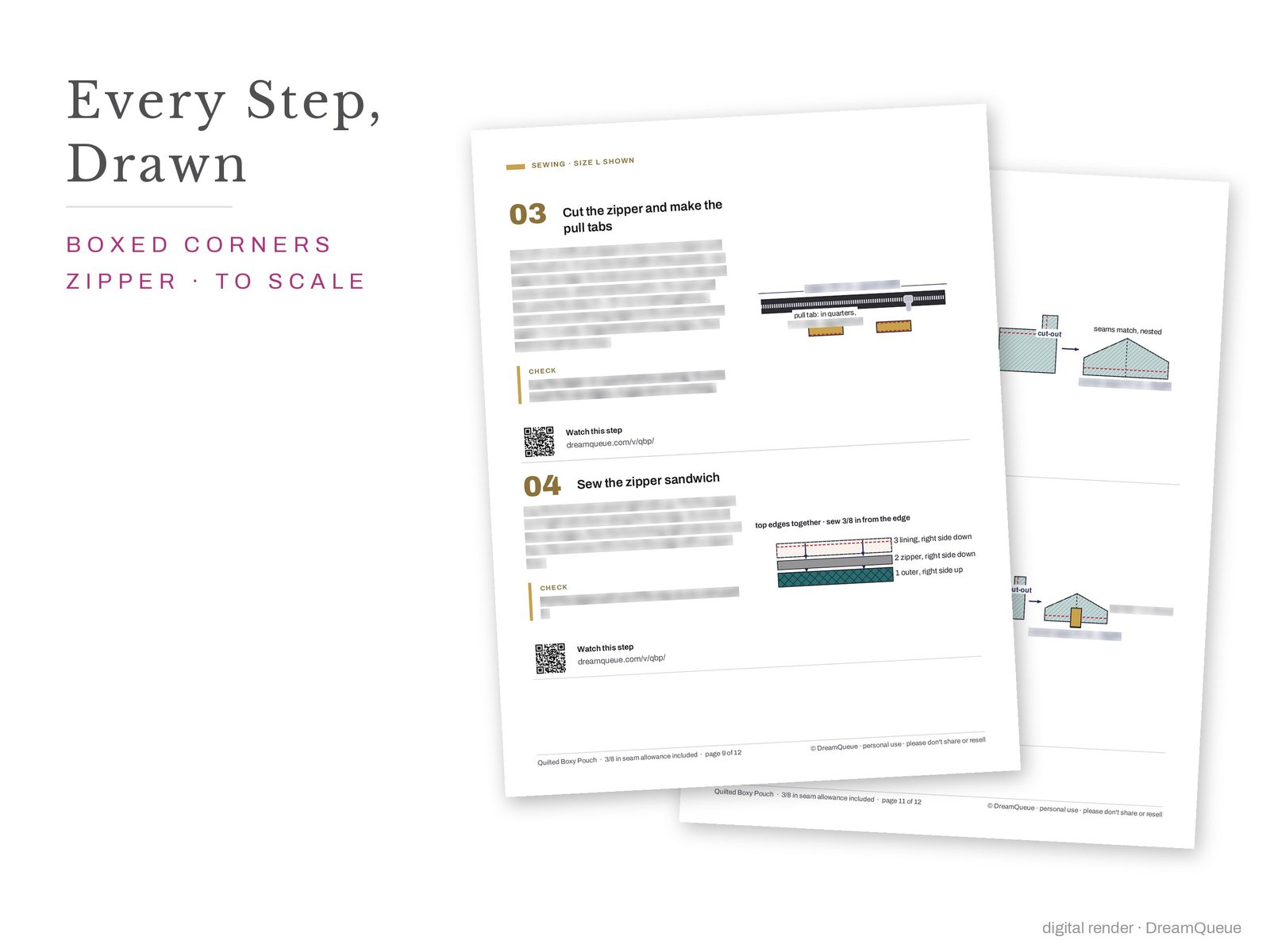 Quilted Boxy Pouch construction diagrams, step by step