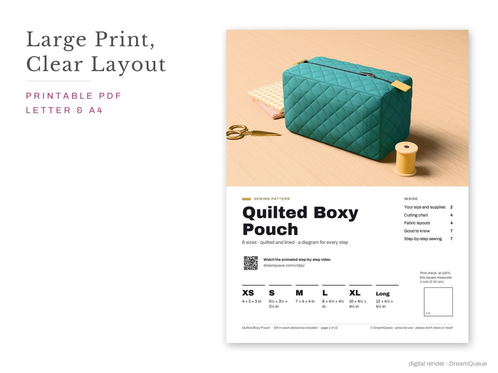 Quilted Boxy Pouch pattern cover page: large print, clear layout