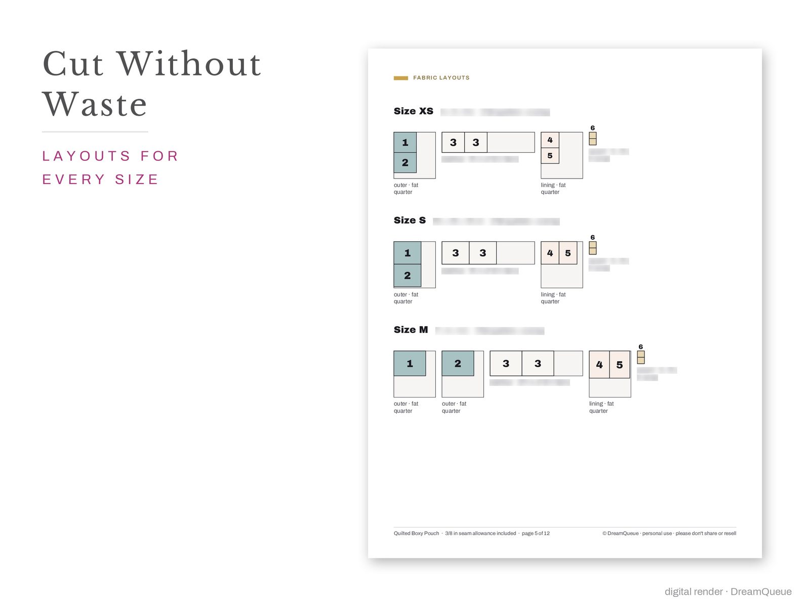 Quilted Boxy Pouch fabric layouts for every size